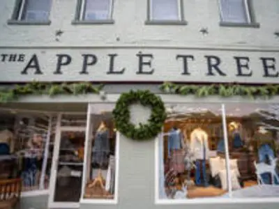 The apple tree is a clothing store with a christmas wreath on the front.