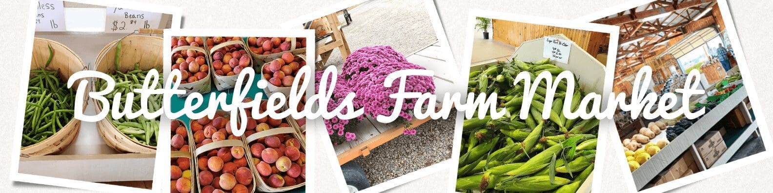 Collage of green beans, peaches, flowers, corn, and the market