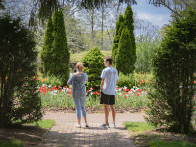Two people enjoy walking through a garden, taking in the beauty of the attractions.