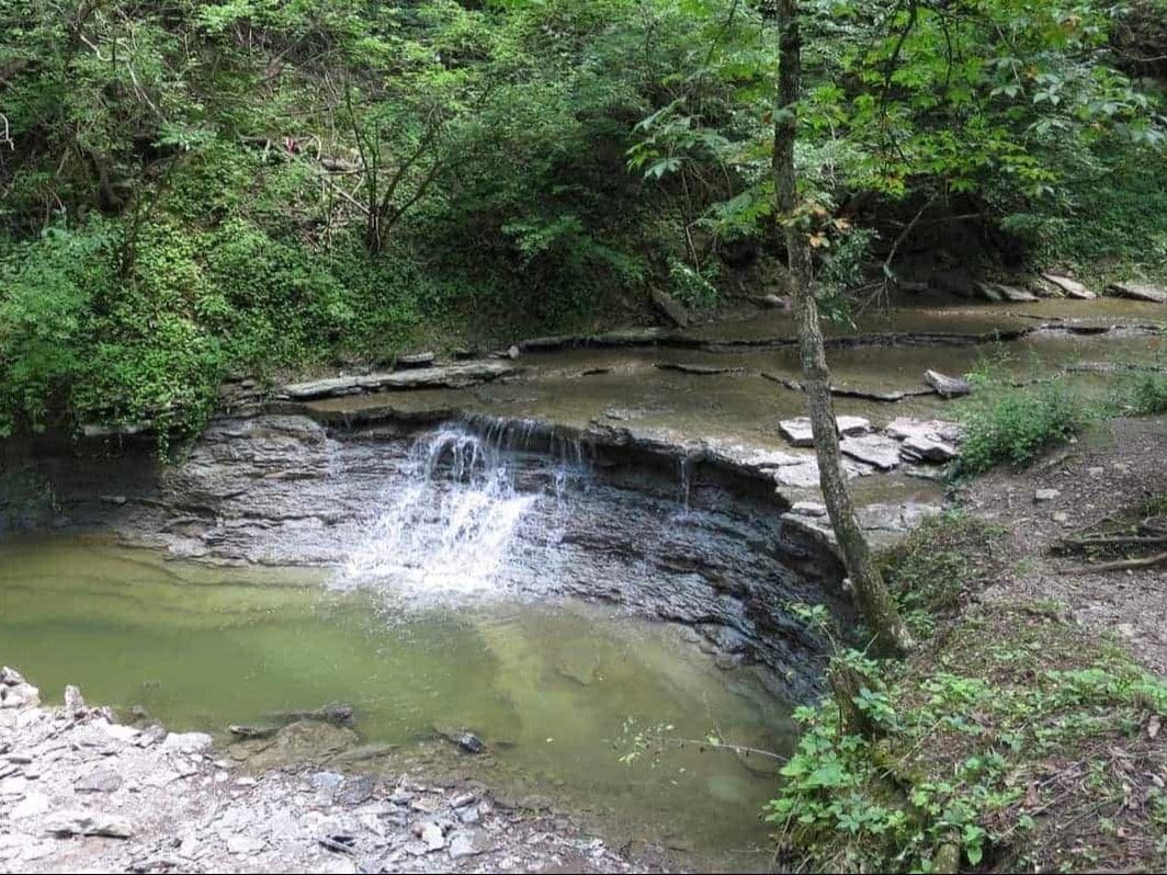 Enjoy a serene waterfall in a wooded area amidst Oxford attractions.