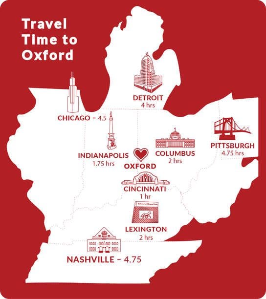 Map of Midwest travel time to Oxford
