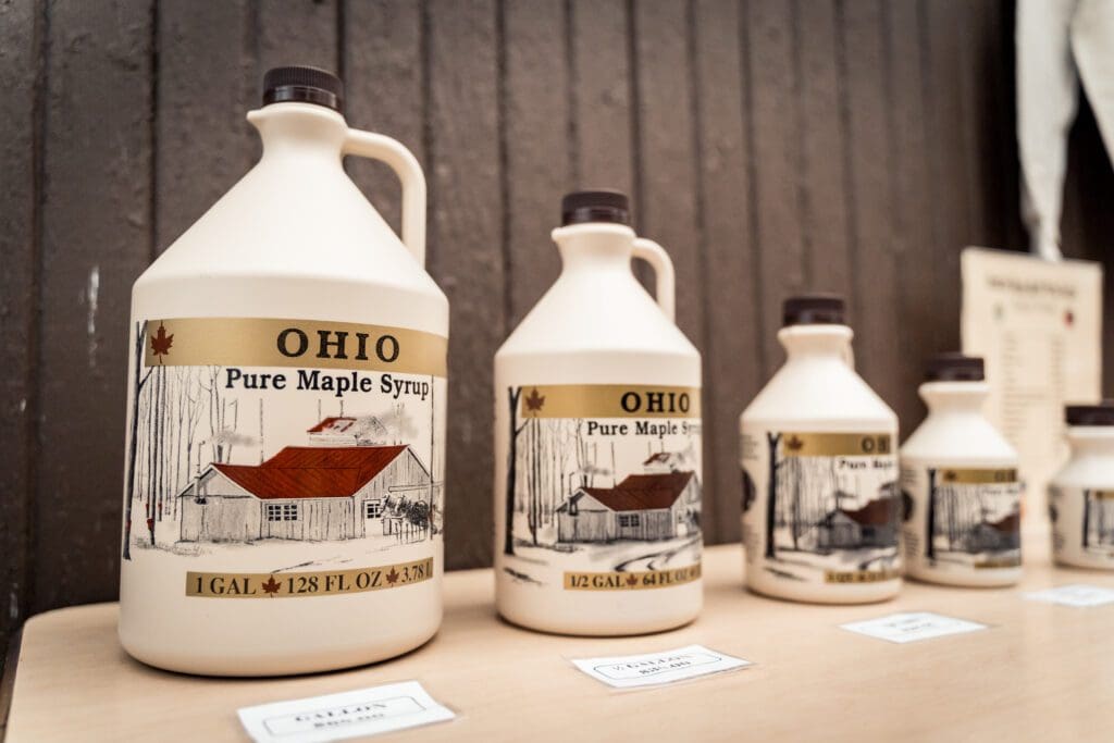 Jugs of Ohio pure maple syrup on display at the Hueston Woods Maple Syrup Festival.