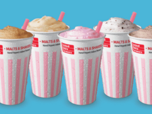 A row of six milkshake flavors.
