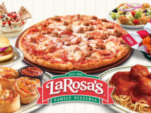 LaRosa's Pizza graphic with a pizza in the center surrounded by other entrees