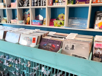 A blue shelf with many records on it