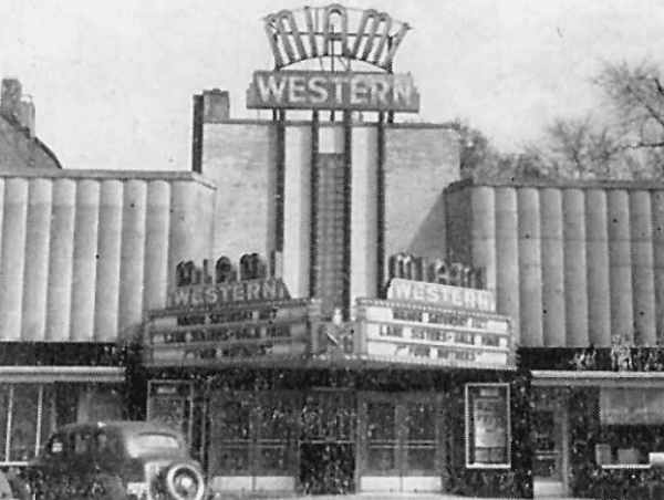 A black and white photo of the old western theatre.