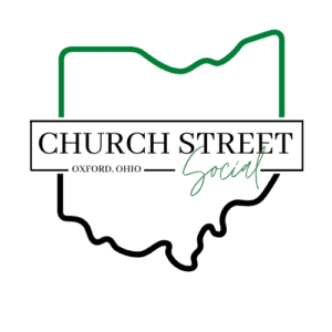 logo of Church Street Social written inside a street sign centered inside a green and black outline of the state of Ohio.