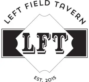 Left Field Tavern Logo black and white with a baseball diamond in the center and a black outlined box behind the diamond. In the center of the diamond is written "LFT" in a classic sport block font style with "EST. 2015" below.