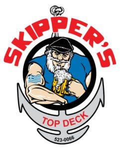 Skipper's and Top Deck logo with large grey anchor and the word "Skipper's" in red bold font curved around the porthole with a pirate captain with a Greek flag tattoo holding a foamy beer mug. Below the pirate captain is written "Top Deck 523-0066" on the bottom of the anchor.