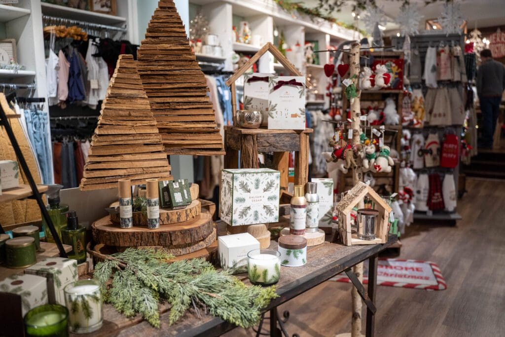 Shop display of wooden christmas tree decorations