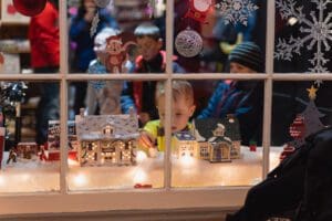 Boy looking at window sill display