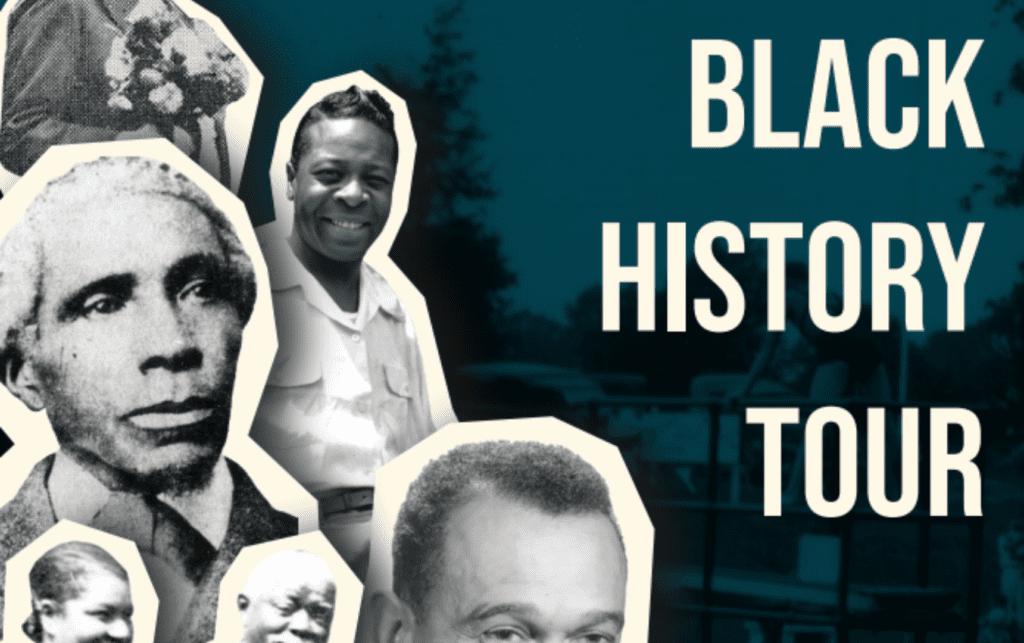 Promotional graphic for a Black history self-guided tour in Oxford, OH featuring images of notable figures.