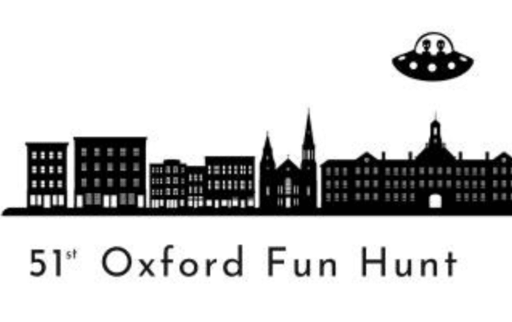 Illustration of iconic OXford, OH buildings with a UFO above. Below is written 51st Oxford Fun Hunt