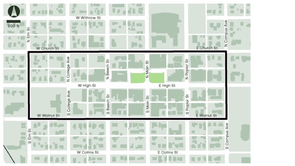 DORA boundary map stretches from Elm street to Campus Ave. and Church street and Walnut Street.