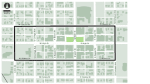 DORA boundary map stretches from Elm street to Campus Ave. and Church street and Walnut Street.