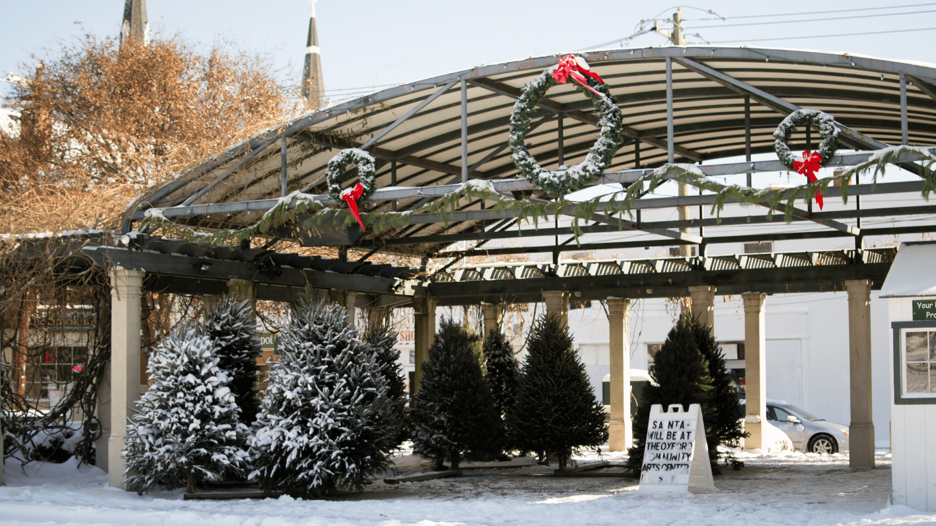 The Oxford Memorial Park pavilion with snow covered pine trees for sale