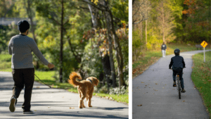 On left a man and dog walking on a paved trail. On right a person is riding a bike on the paved trail.