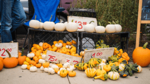 Various sized pumpkins for sale at the Oxford Farmers Market with price signs