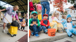 On left a woman is wearing a maid costume with a black shaggy dog in a yellow mop bucket. On right kids dressed in Halloween costumes.