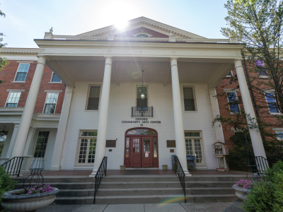 Angled photo of the front door to the Oxford Community Arts Center