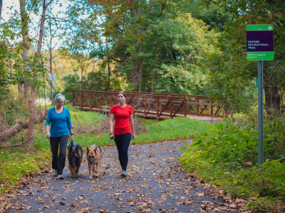 Two people walking dogs on the Oxford Area Trail