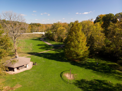 Drone photo above Peffer Park gazebo, swing set, and Oxford Area Trail.