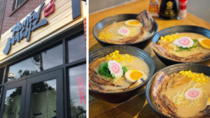 On left is exterior of Ramen Hachi building and on right are bowls of ramen