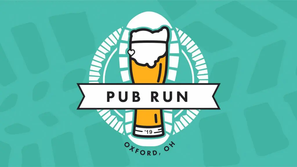 A teal rectable with a footprint and Pub Run logo with a beer stein and foal in the shape of Ohio with a heart marker over Oxford. A banner labels Pub Run over top of the beer stein with Oxford, Ohio arched below the image.