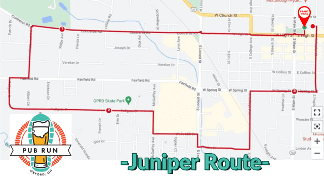 Pub Run Juniper Route map with start marker
