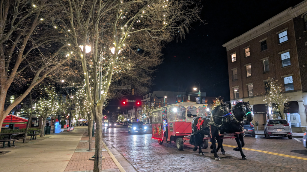 Horse carriage walking down High Street bricks for Holiday Festival Uptown