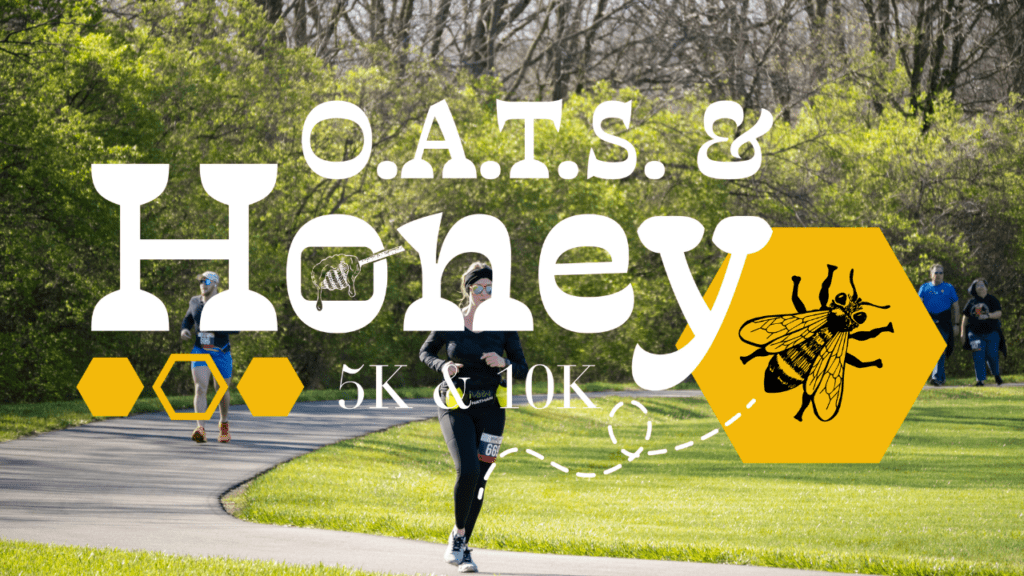 O.A.T.S. n' Honey 5k/10k logo in front of runners on the OATS trail