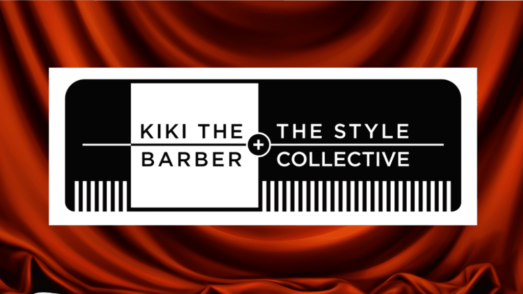 KIKITHE BARBER + THE STYLE COLLECTIVE logo in front of a red silk curtain