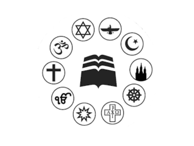 A circle of religious symbols and a open book in the middle