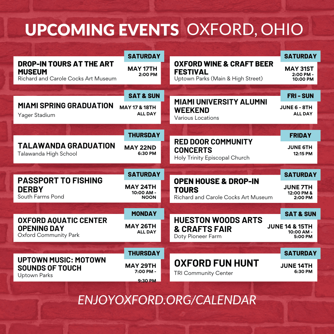 Upcoming Events Oxford, OH May-June 2025