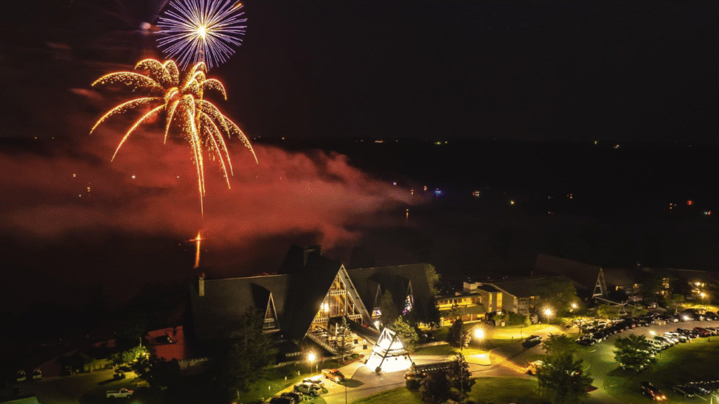 Sky photo of fireworks over Acton Lake at the Hueston Woods Lodge.