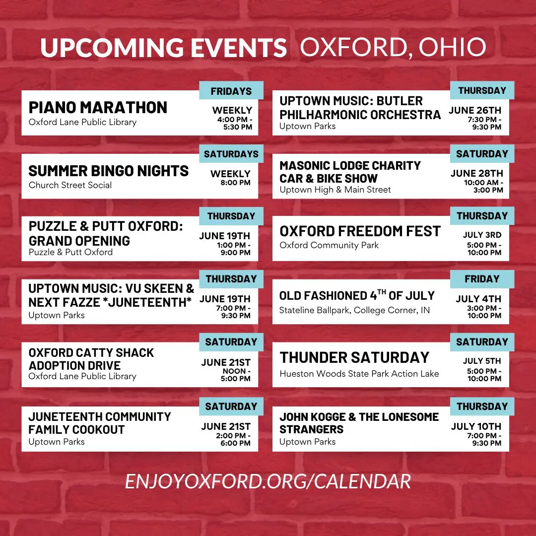 Upcoming Events Oxford, Ohio June-July