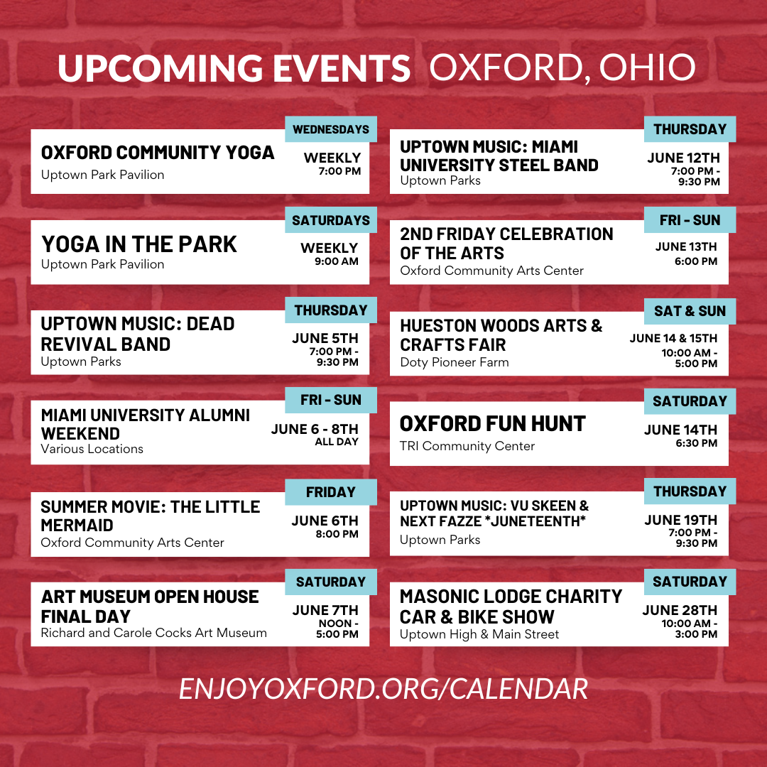 Upcoming Coming Events Oxford, OH - June, 2025