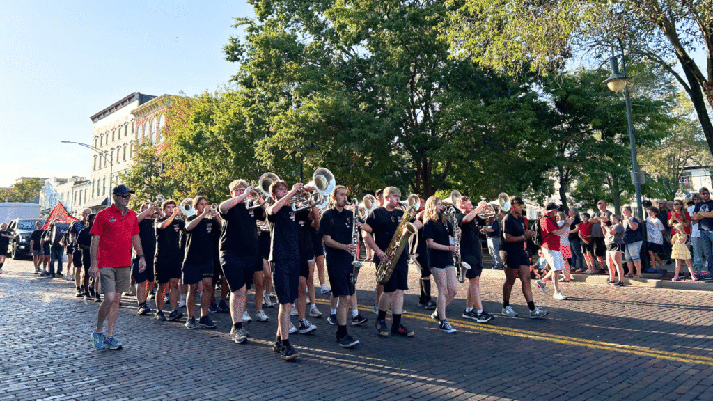 Talawanda Band walking down high street in the Homecoming Parade