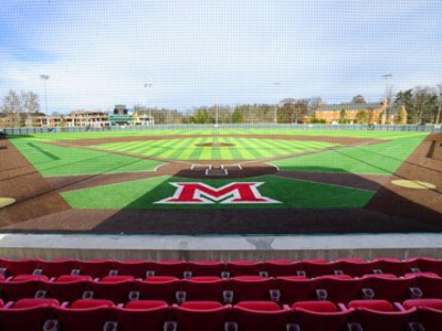 View of Miami University McKie Field behind home plate.