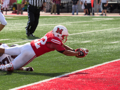 Miami University football scoring a touchdown at Yager Stadium