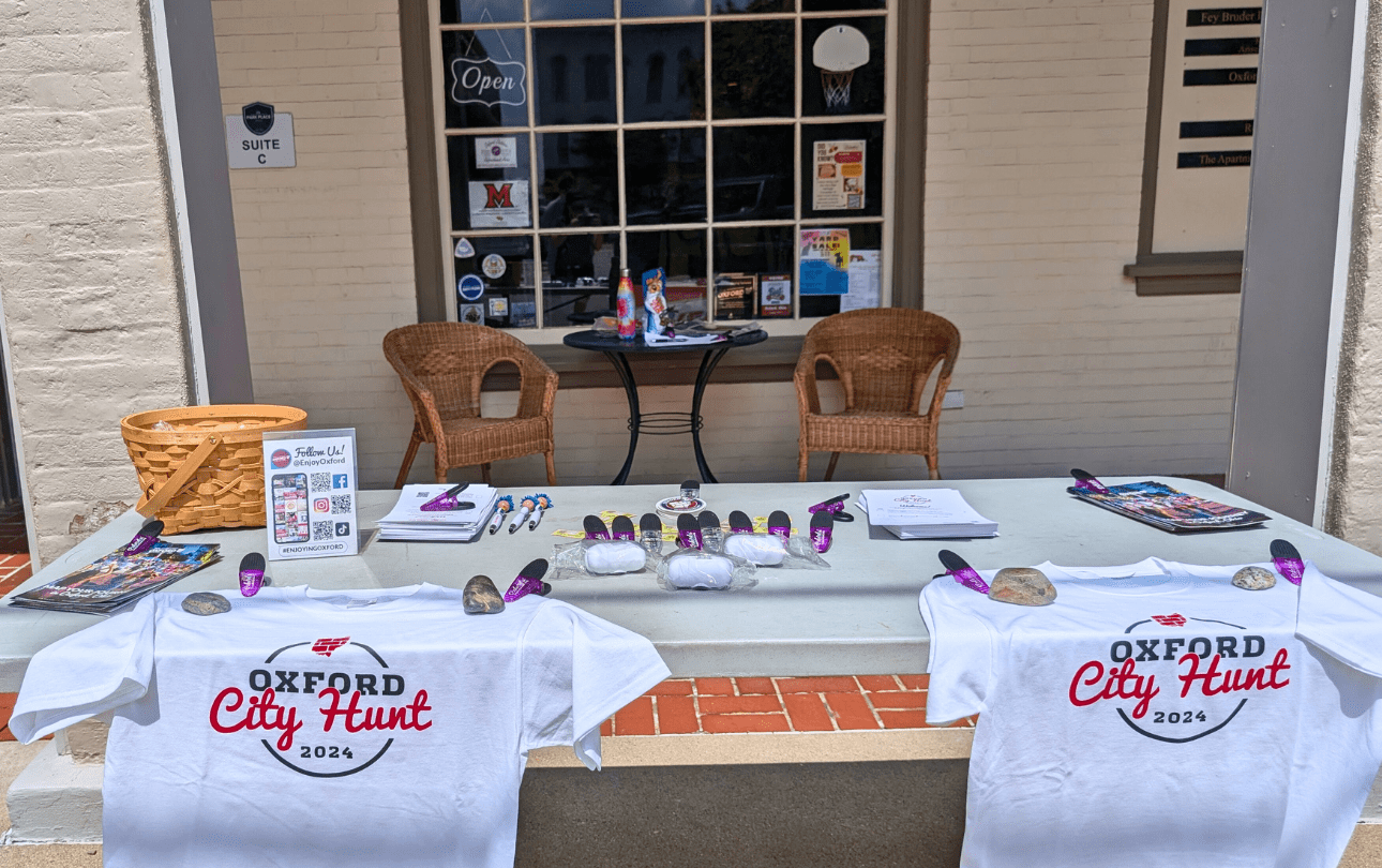 Photo of the City Hunt table outside of Enjoy Oxford's office