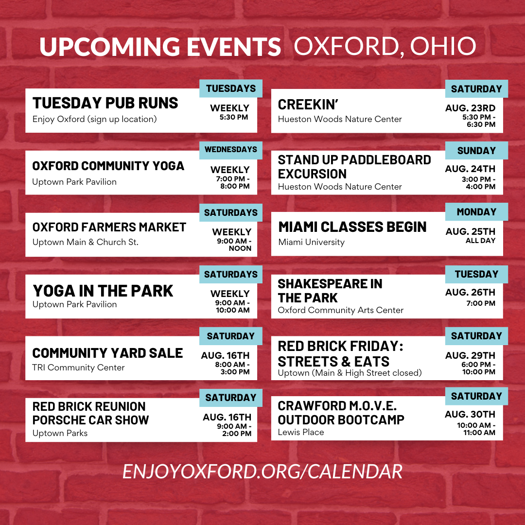 Upcoming events in Oxford 8/15-30