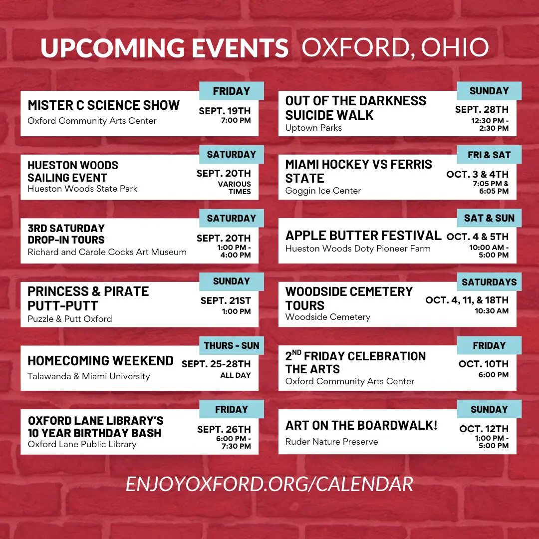 Upcoming Events Oxford, Ohio Mister C Science Show, Hueston Woods Sailing Event, 3rd Saturday Drop-in Tours, Princess & Pirate Putt-Putt, Homecoming Weekend, Oxford Lane Library's 10 Year Birthday Bash, Out of the Darkness Suicide Walk, Miami Hockey VS Ferris State, Apple Butter Festival, Woodside Cemetery Tours, 2nd Friday Celebration of the Arts, Art on the Boardwalk!