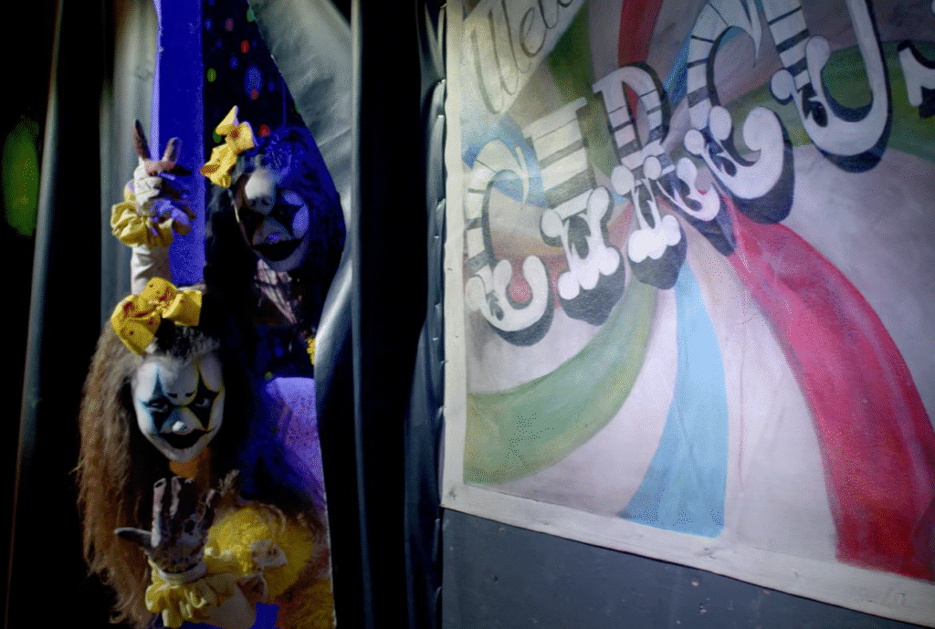 Two clowns peeking through a door
