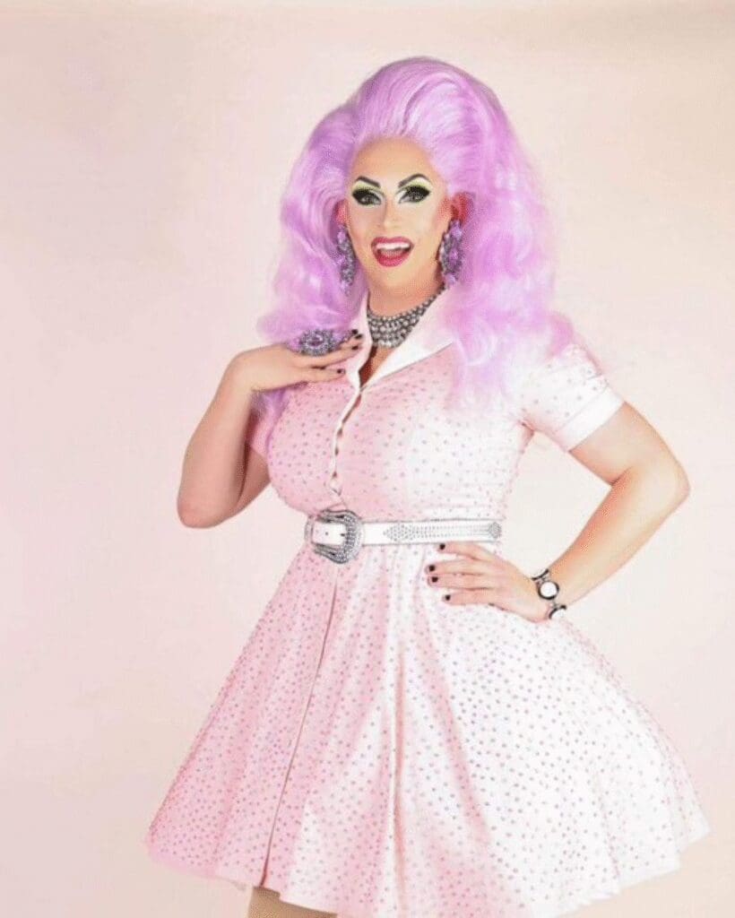 portrait of Roxie. D. Mocracy in a pink pin-up dress and pink fluffy hair