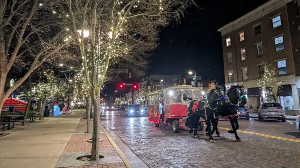 Horse and carriage ride down the lit trees along the brick high street