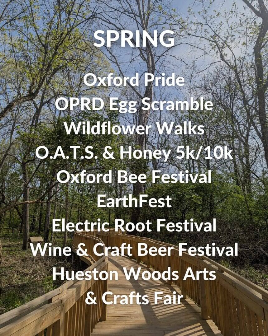Spring events list with forest background.