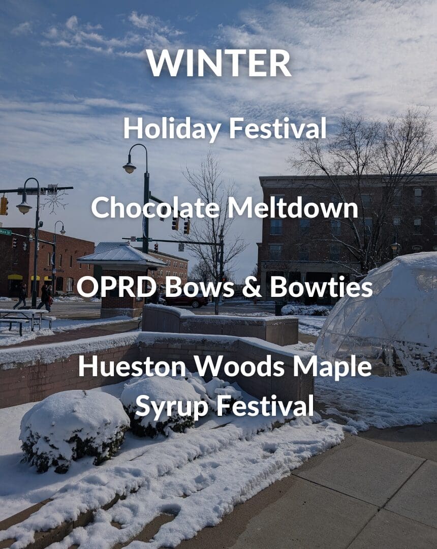 Winter events list with snowy background scene.