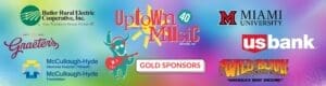 Six business logos and concert logo on a tie-dye background