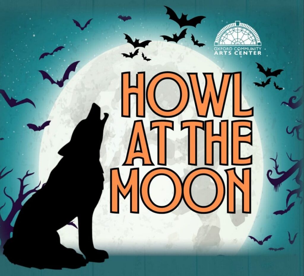 A promotional post with the word "Howl at the Moon" in the center. The text is backlit by an image of the moon, a wolf's silhouette sits to one side howling at the moon, and the silhouettes of bats fly through the night sky.